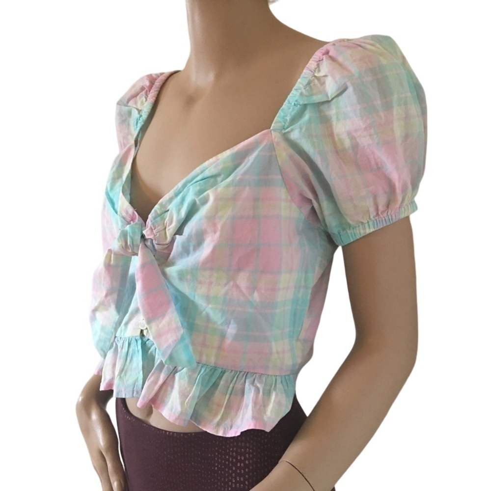 NORDSTROM ABOUND Blouse Pretty Pastel Plaid Tartan Cotton Top Front Bow Tie - Picture 3 of 11